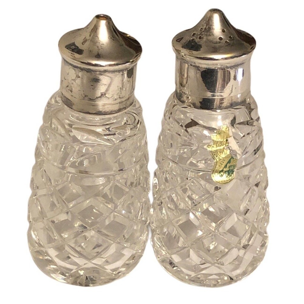 Vintage Waterford Crystal GLANDORE Salt & Pepper Shaker Set Silver Plate Lids
